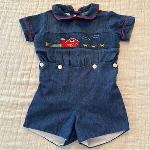 VIVA LA FETE Vintage Toddler Kids 2 Romper Denim Smocked Barn Chickens Farm
